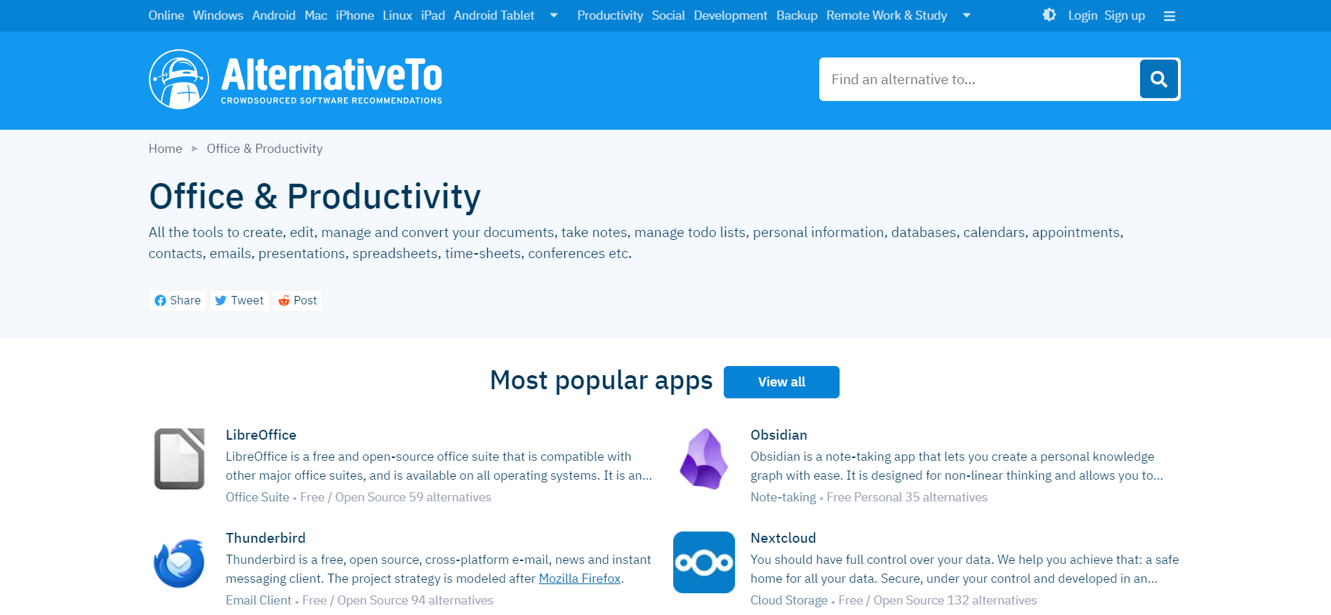 A free service that helps you find better alternatives to the software you already know. Reviews