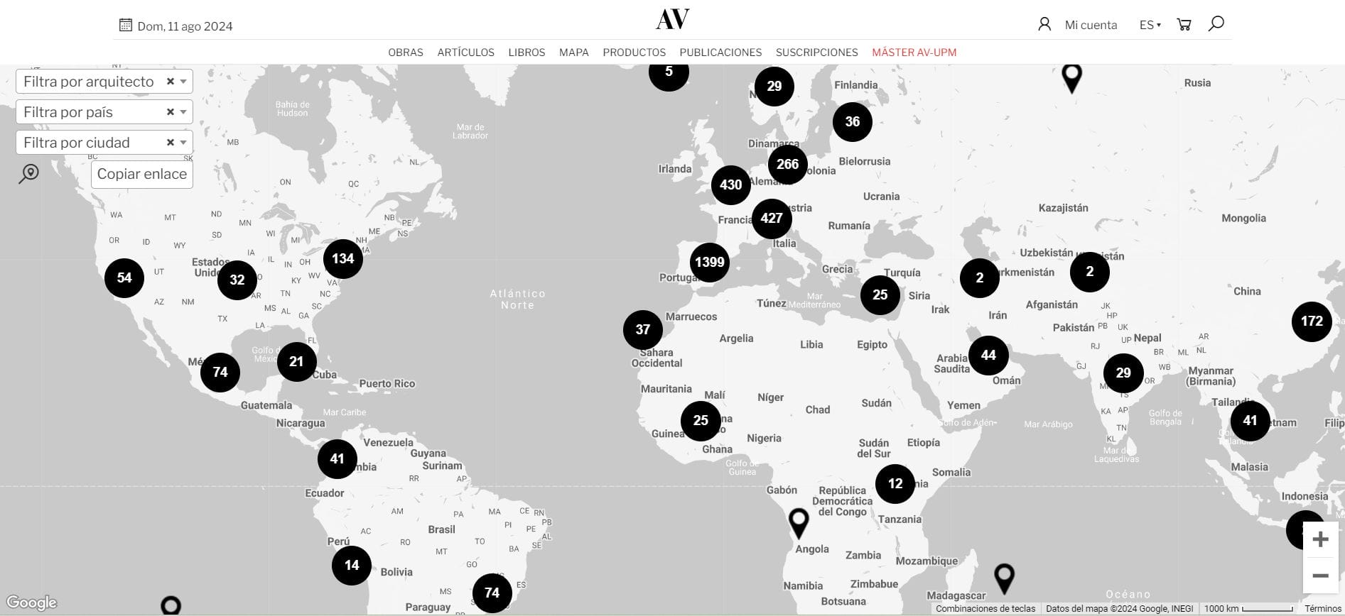 Map of architectural projects geolocated and sortable by architect. You will be able to search for works directly on the map and with the complete info by clicking on them.