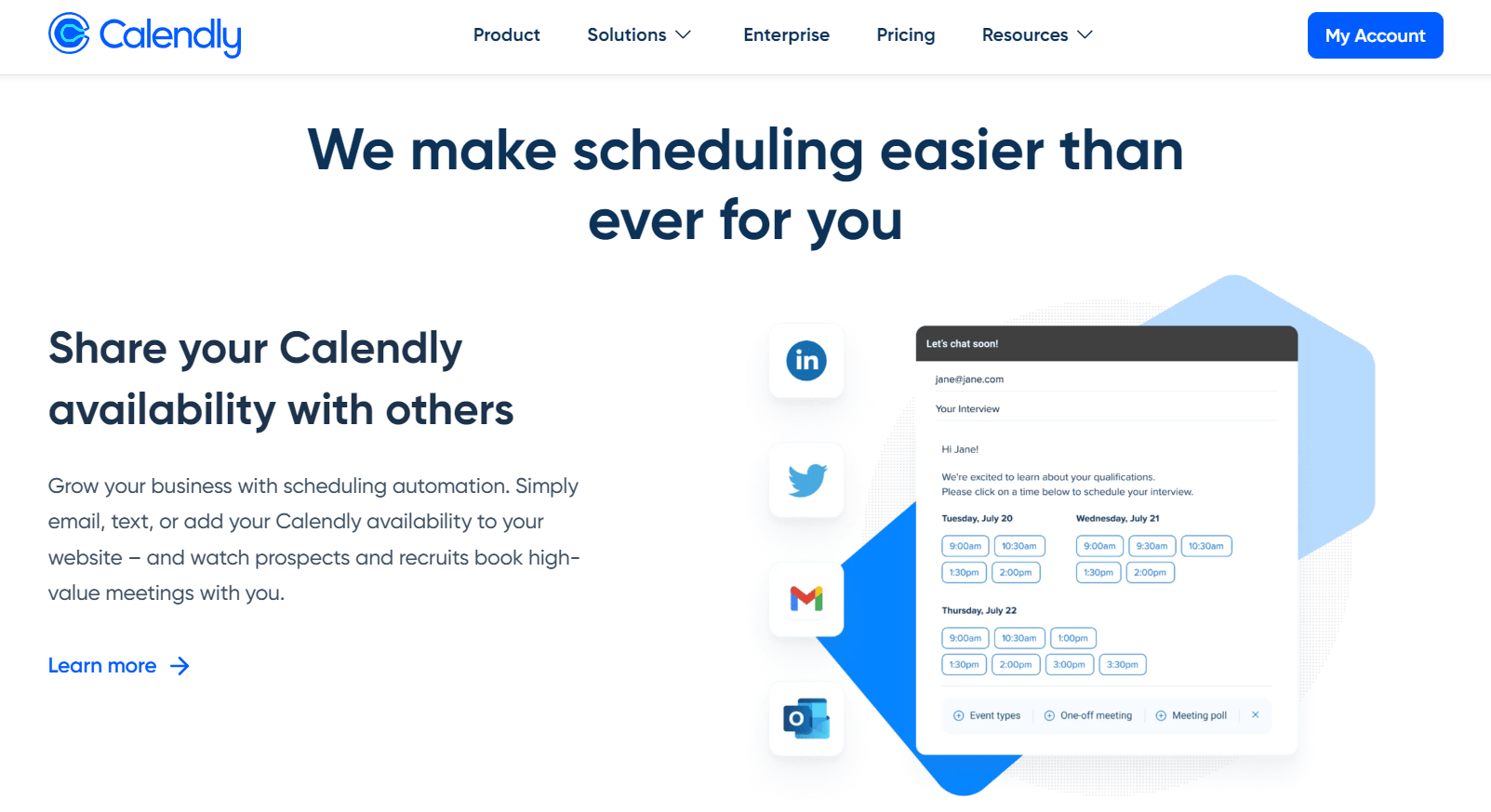 A scheduling tool that allows users to easily book meetings with others based on their availability. It integrates with popular calendars like Google Calendar
