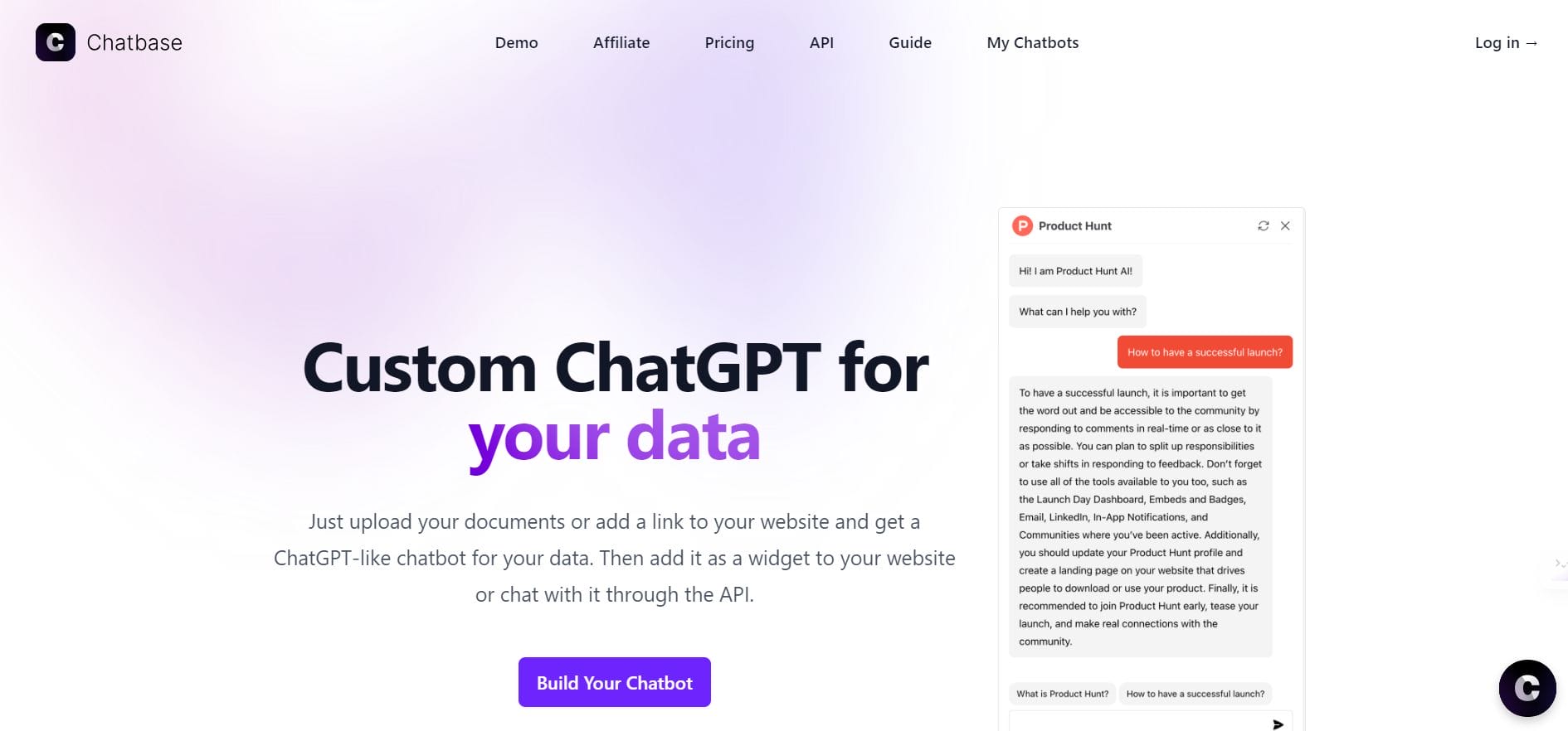Custom ChatGPT! Just upload your documents or add a link to your website and get a chatbot for your data. Then add it as a widget to your website or chat with it through the API.