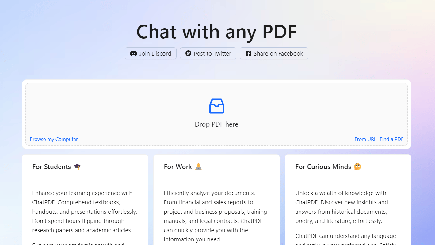 Don't spend hours flipping through research PDF documents. This tool effectively analyzes them so you can ask questions and discover new insights and answers.