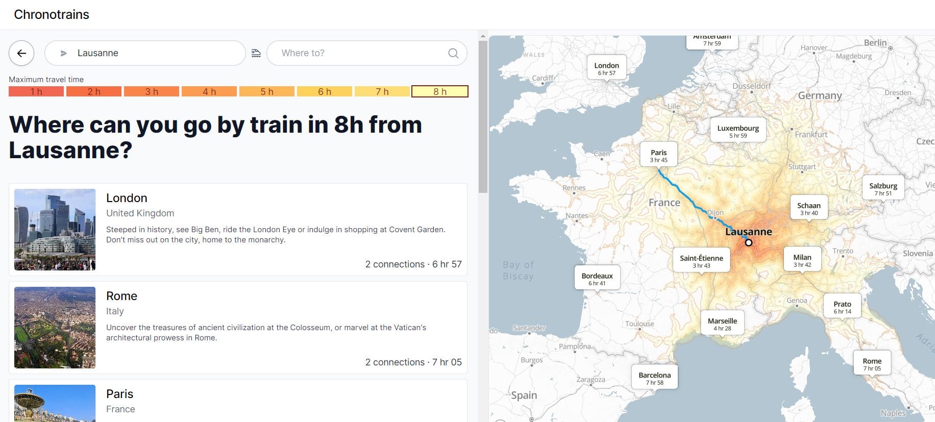 An interactive Europe rail map that allows you to see how far you can travel by train in up to 8 hours. The map is easy to use: simply hover over your starting city with your mouse...