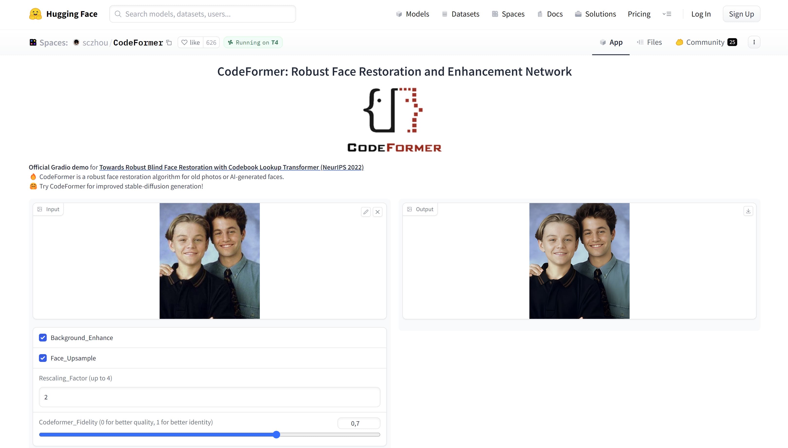 CodeFormer is a robust face restoration and enhancement algorithm for old photos or AI-generated faces.