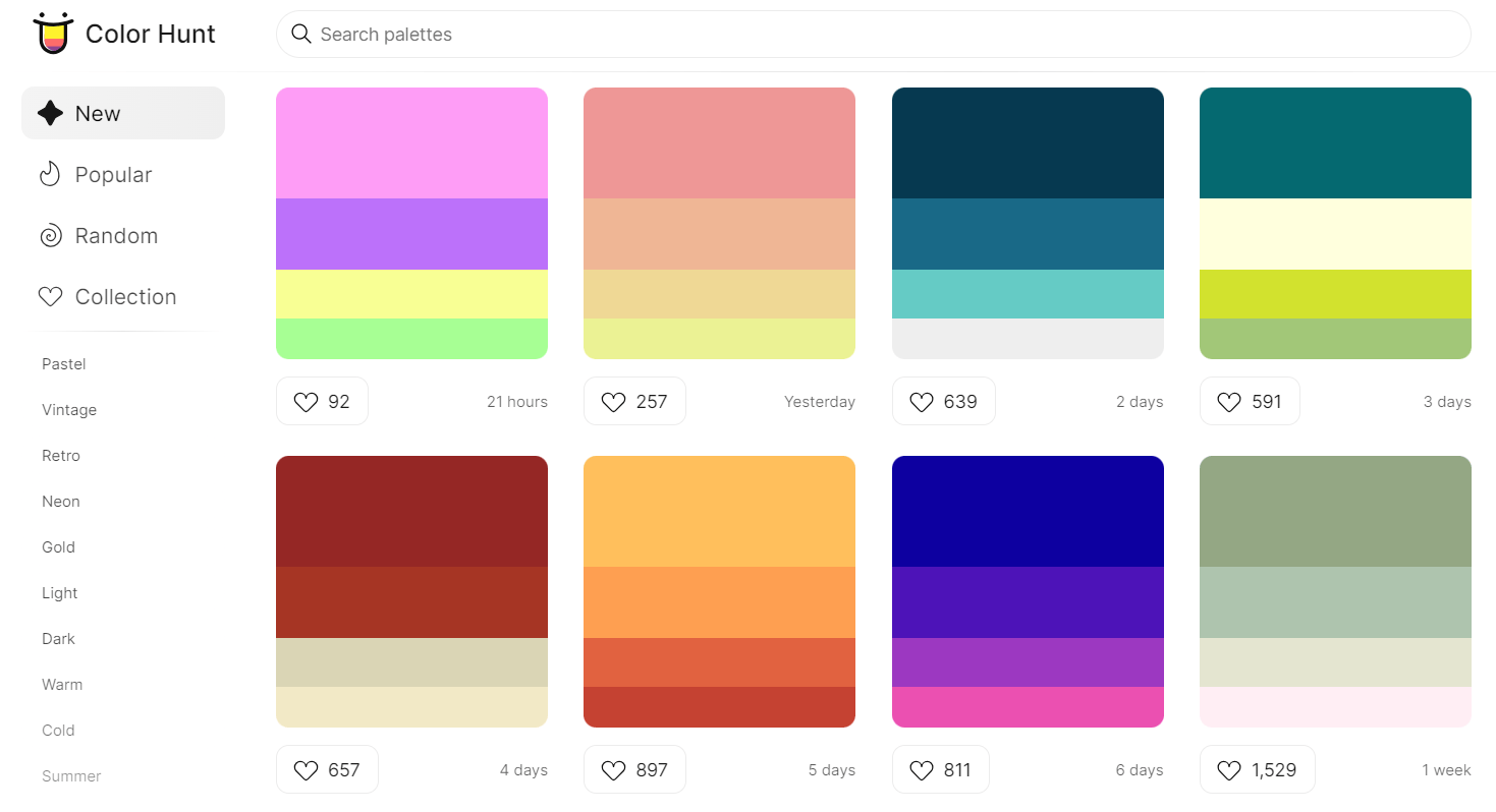 An open collection of beautiful color palettes. The users are the ones who create the palettes using the creator. Everyone can create and submit their own color combination.