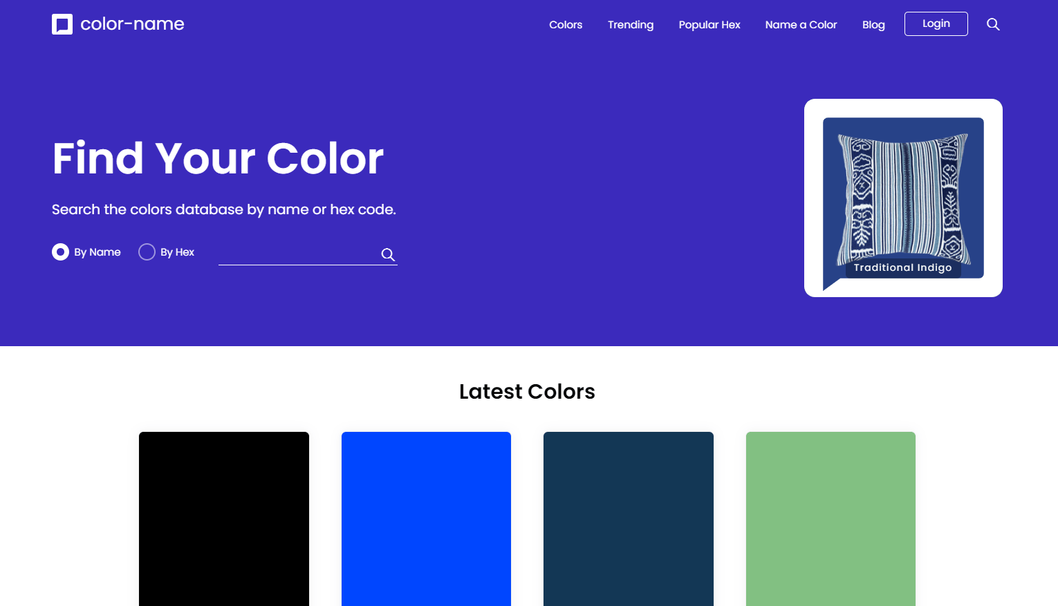 Search the colors database by name or hex code. Find its name