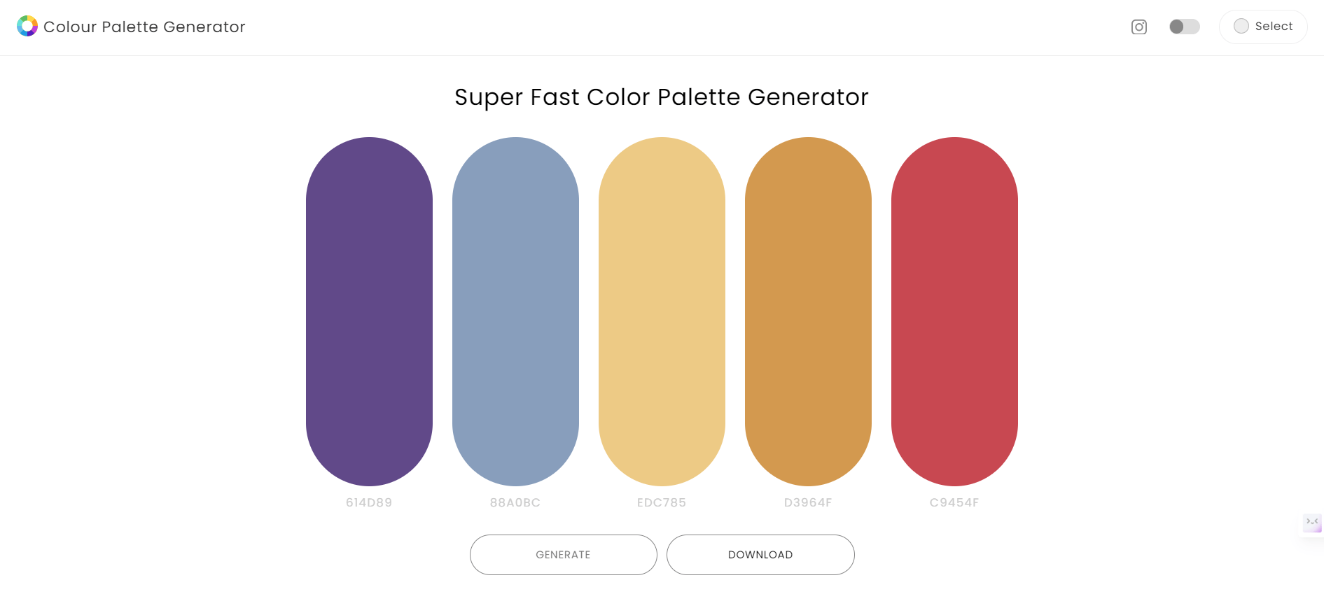 Simply click Generate button or press Spacebar to create new color palette. Available in dark and light background mode. Download the html file including 5 colors.