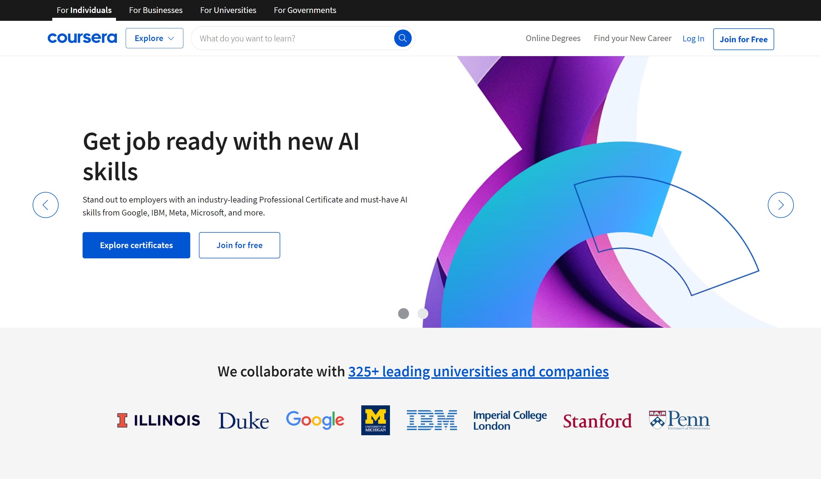Coursera is an online learning platform that partners with top universities and companies to offer courses and specializations and help individuals build relevant career skills.
