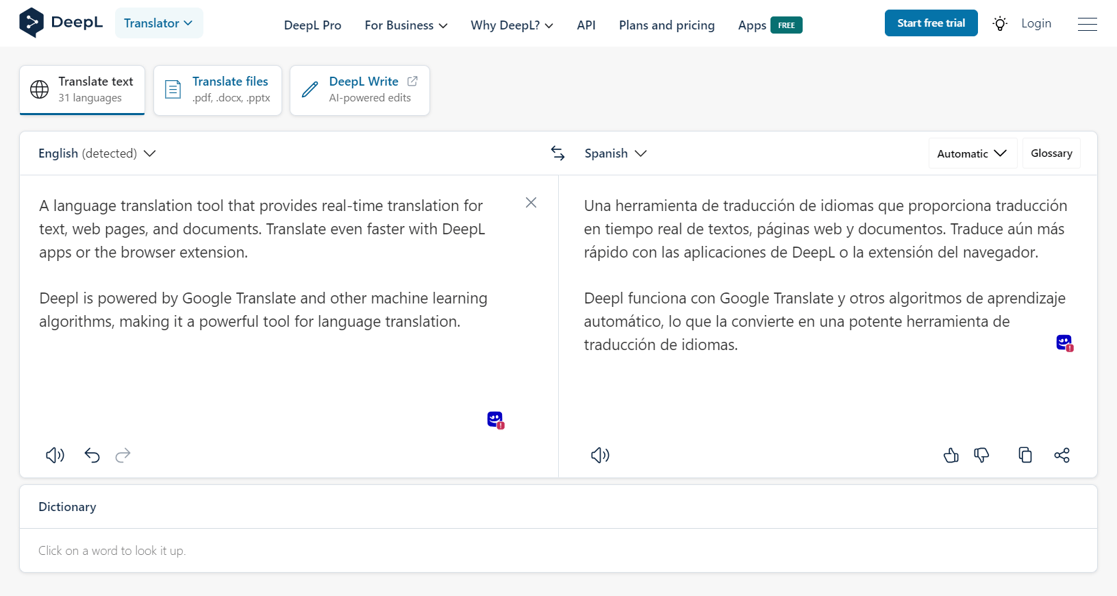A language translation tool that provides real-time translation for text