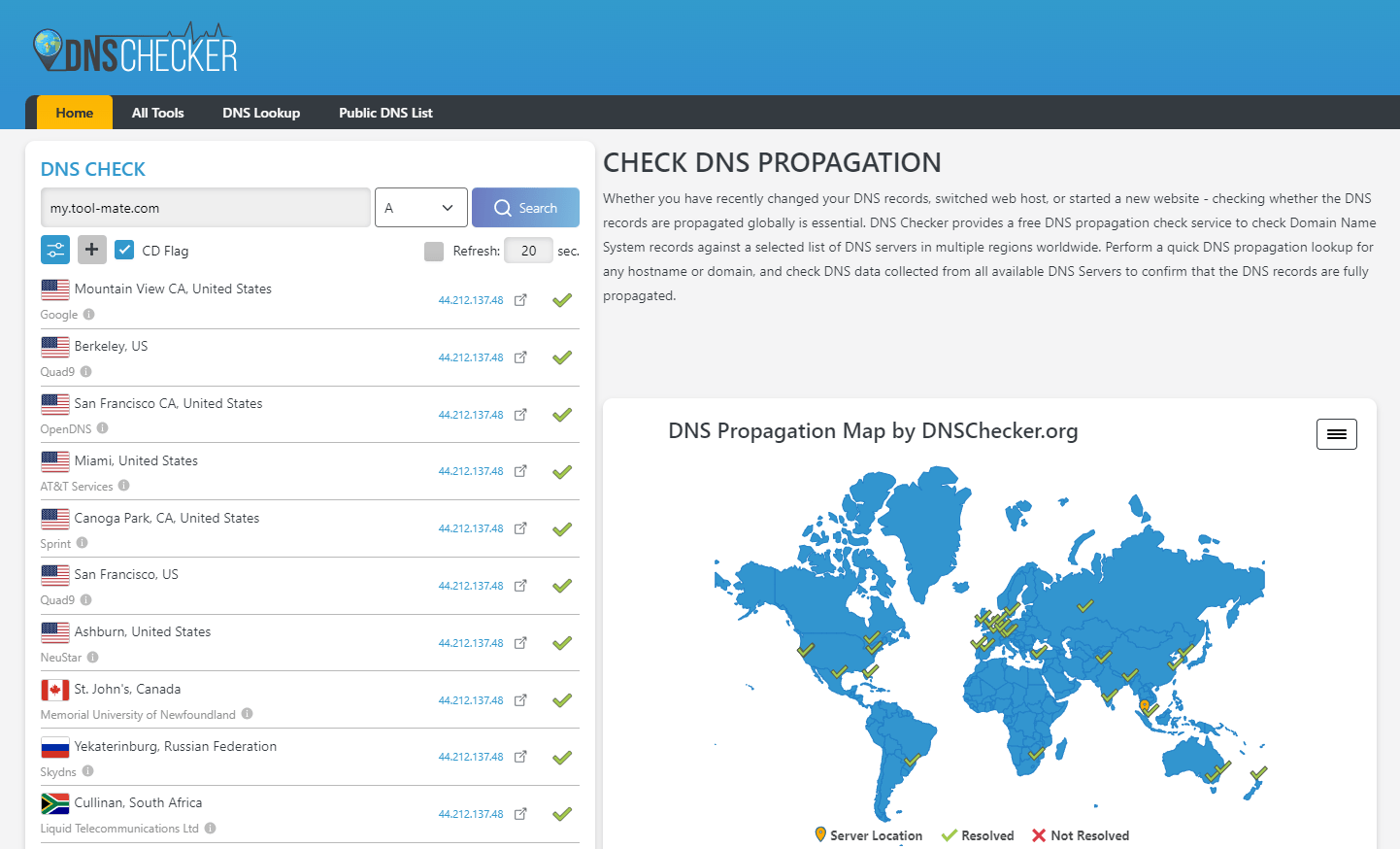 Perform a DNS propagation lookup for any hostname or domain