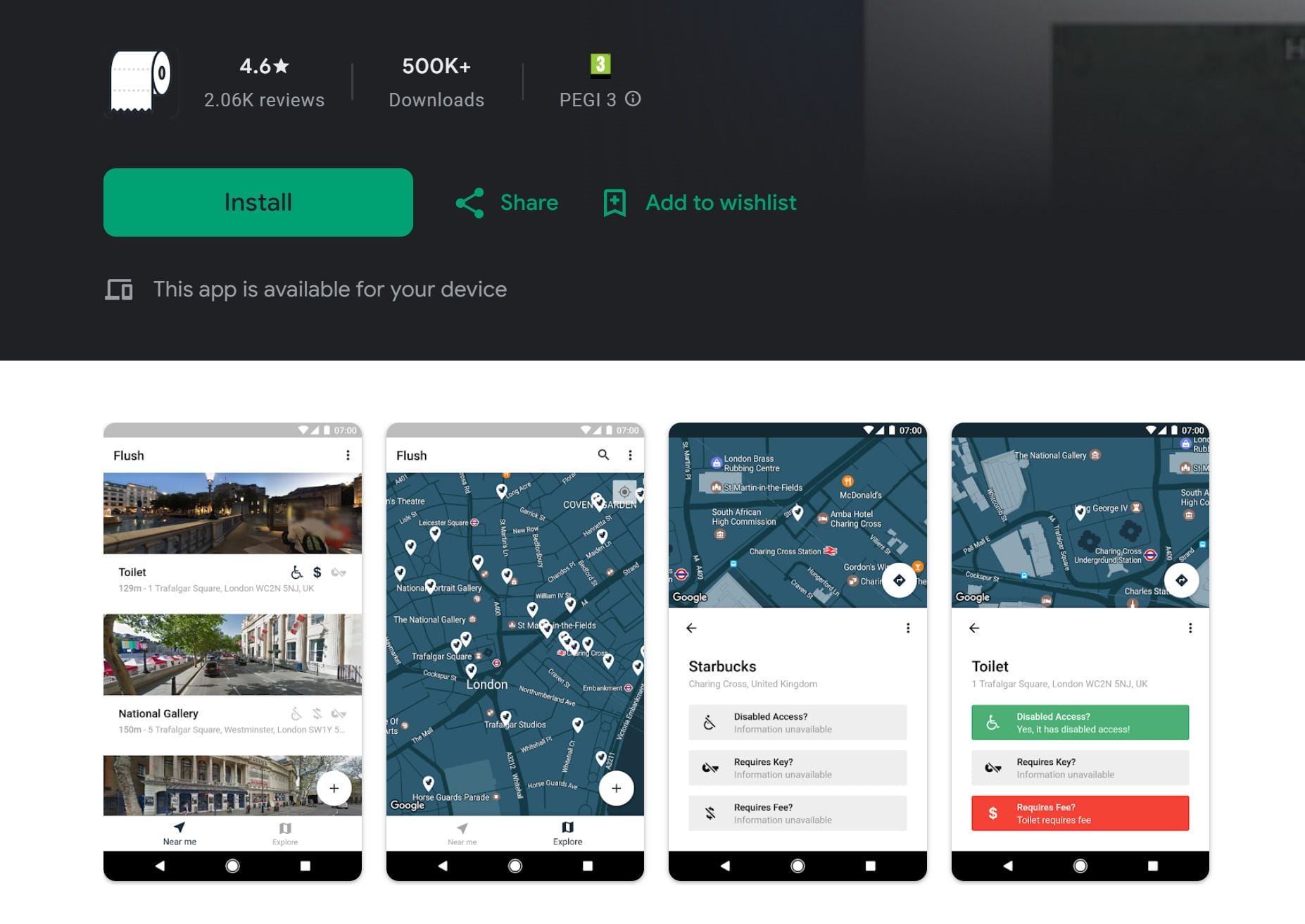 Search for a location and the app will show you the nearest public toilets to you. The database of tens of thousands of public toilets is stored on the phone for fast and offline access!
