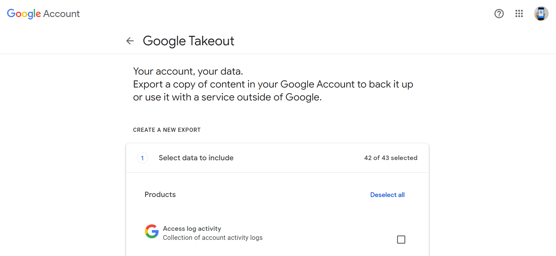 Export a copy of your Google Account content from various services: Google Drive