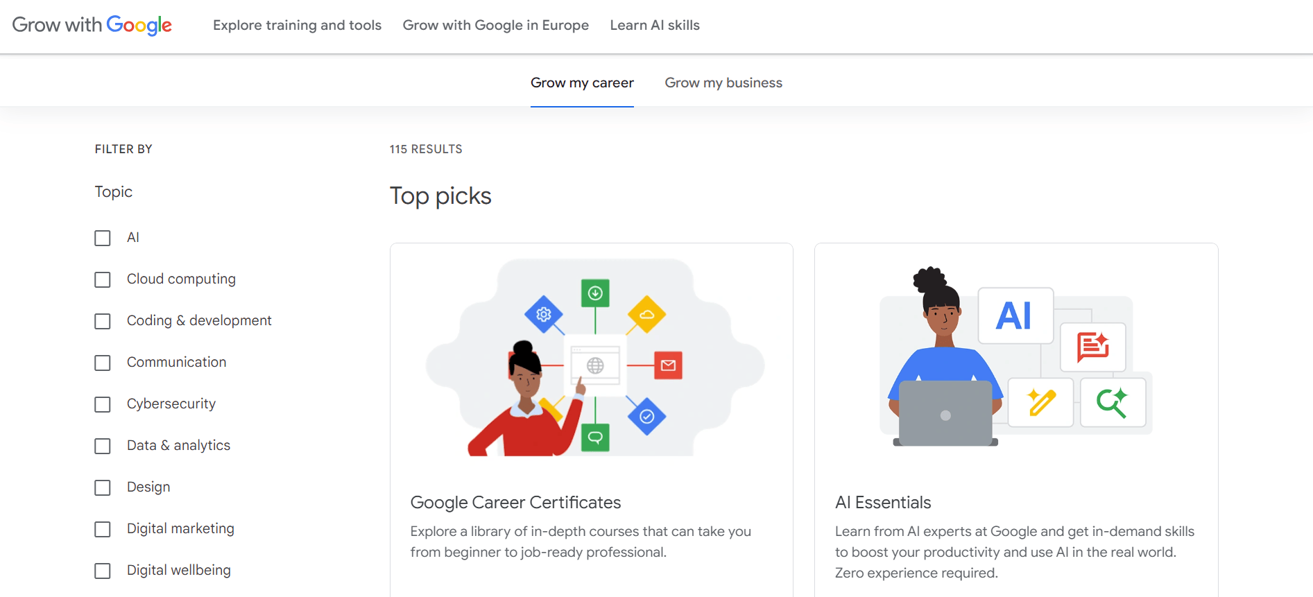 Grow with Google is a programme that helps people to grow their careers or businesses by learning new skills and making the most of digital tools.