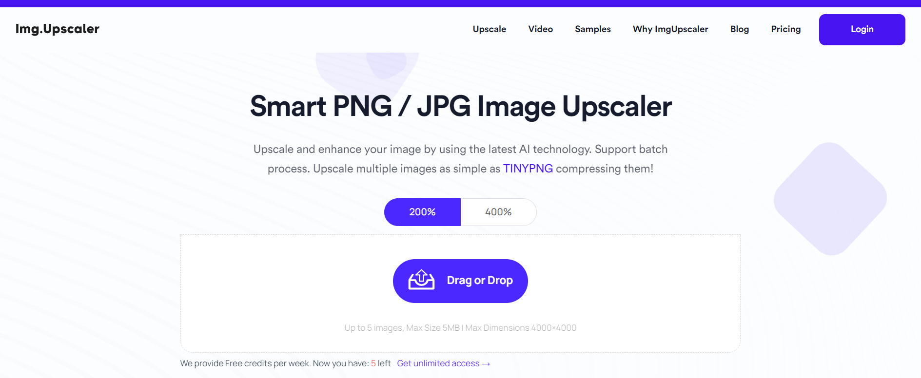 Upscale and enhance your image by using the latest AI technology. Support batch process. Upscale multiple images as simple as TINYPNG compressing them!