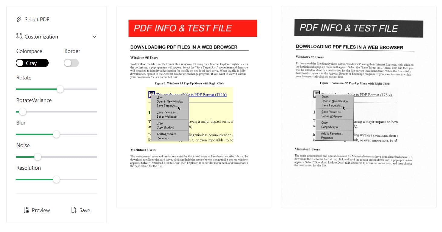 Look Scanned is a pure frontend site that makes your PDFs look scanned! No need for printers and scanners anymore - everything you need to do is just a few clicks.