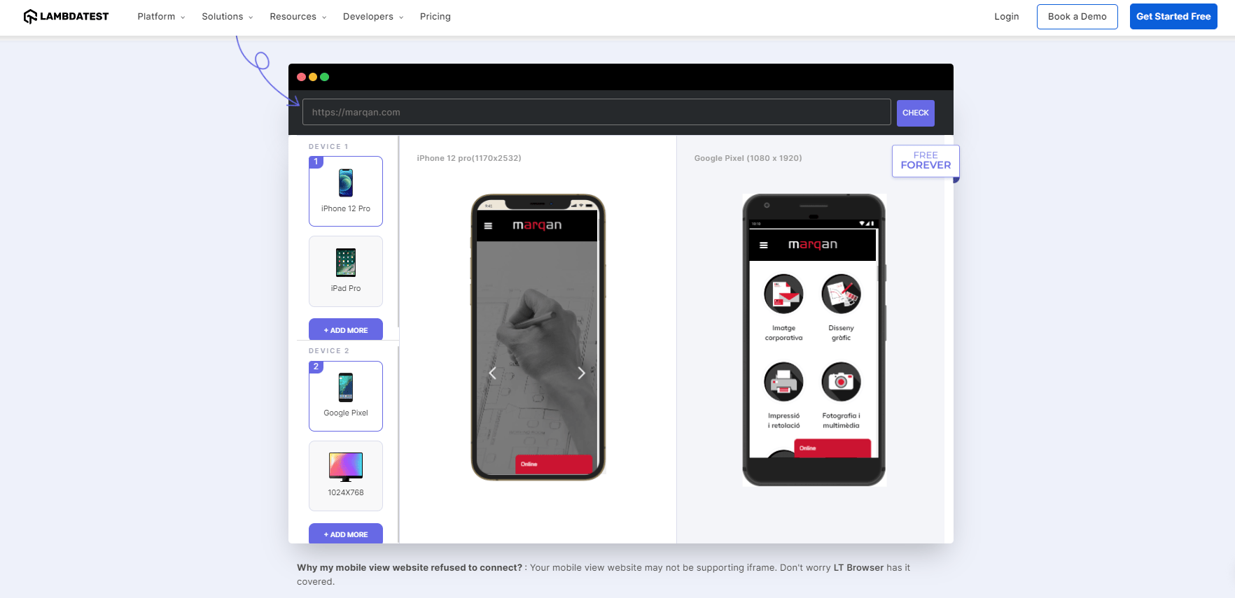Test the mobile view of your website across 50+ device viewports with LT Browser. Check the responsiveness on pre-installed Android and iOS viewports or custom mobile resolutions.