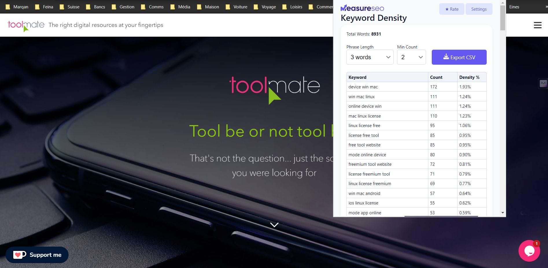 Easy to use SEO keyword density checker that shows the most frequently used keywords by count and density of any web page. Export keywords you find on the page as a csv.