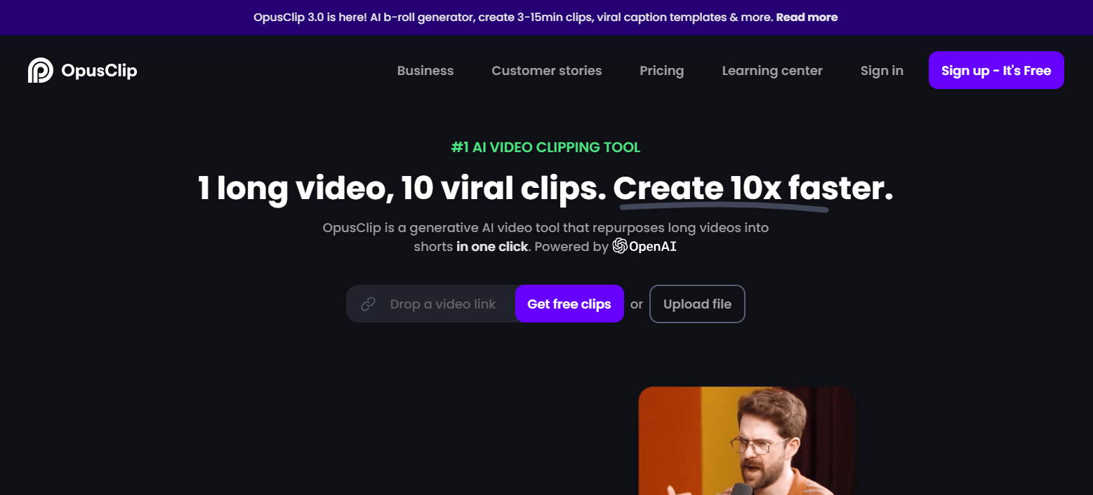 Create social-ready clips instantly with a generative AI video tool that repurposes long videos into shorts in one click. Drop a video link & Get free clips. Powered by OpenAI.
