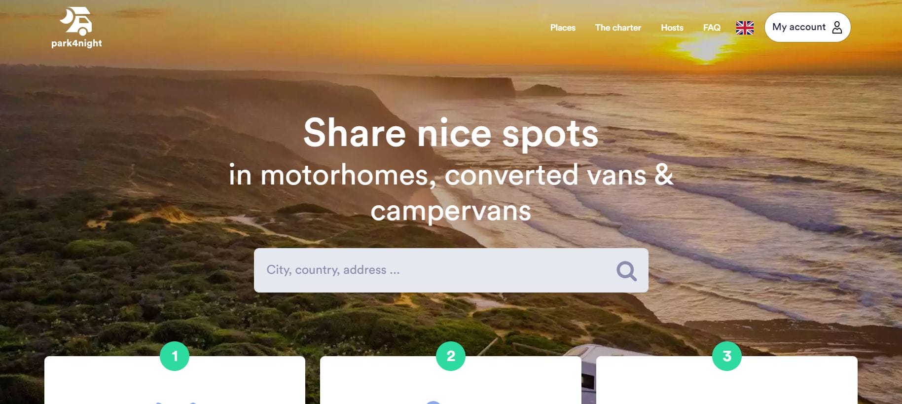 An online platform to help travelers find suitable places to stay while on the road. Information about campsites and parking locations for motorhomes
