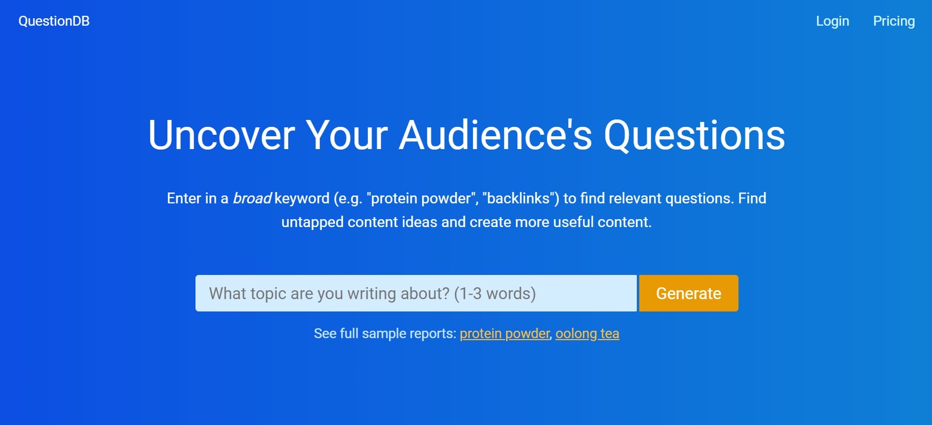 Search across a massive collection of user questions to generate original ideas for new content. A valuable resource for understanding your audience's interests and concerns.