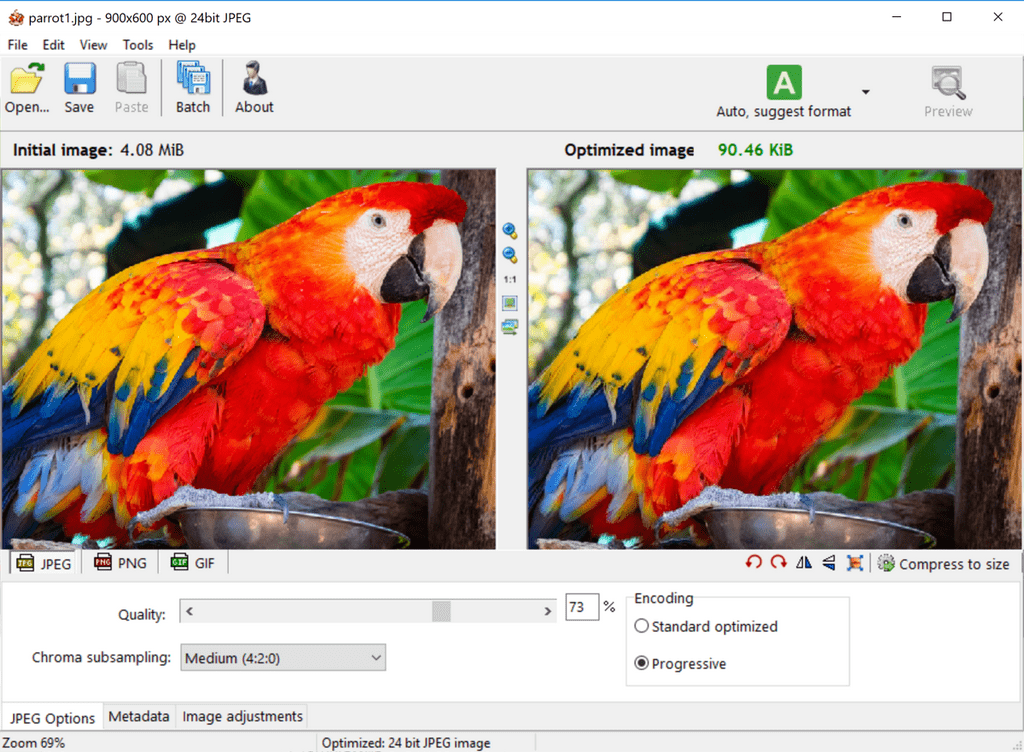 Radical Image Optimization Tool (RIOT) is a free image optimizer that will let you to visually adjust compression parameters while keeping minimum filesize.
