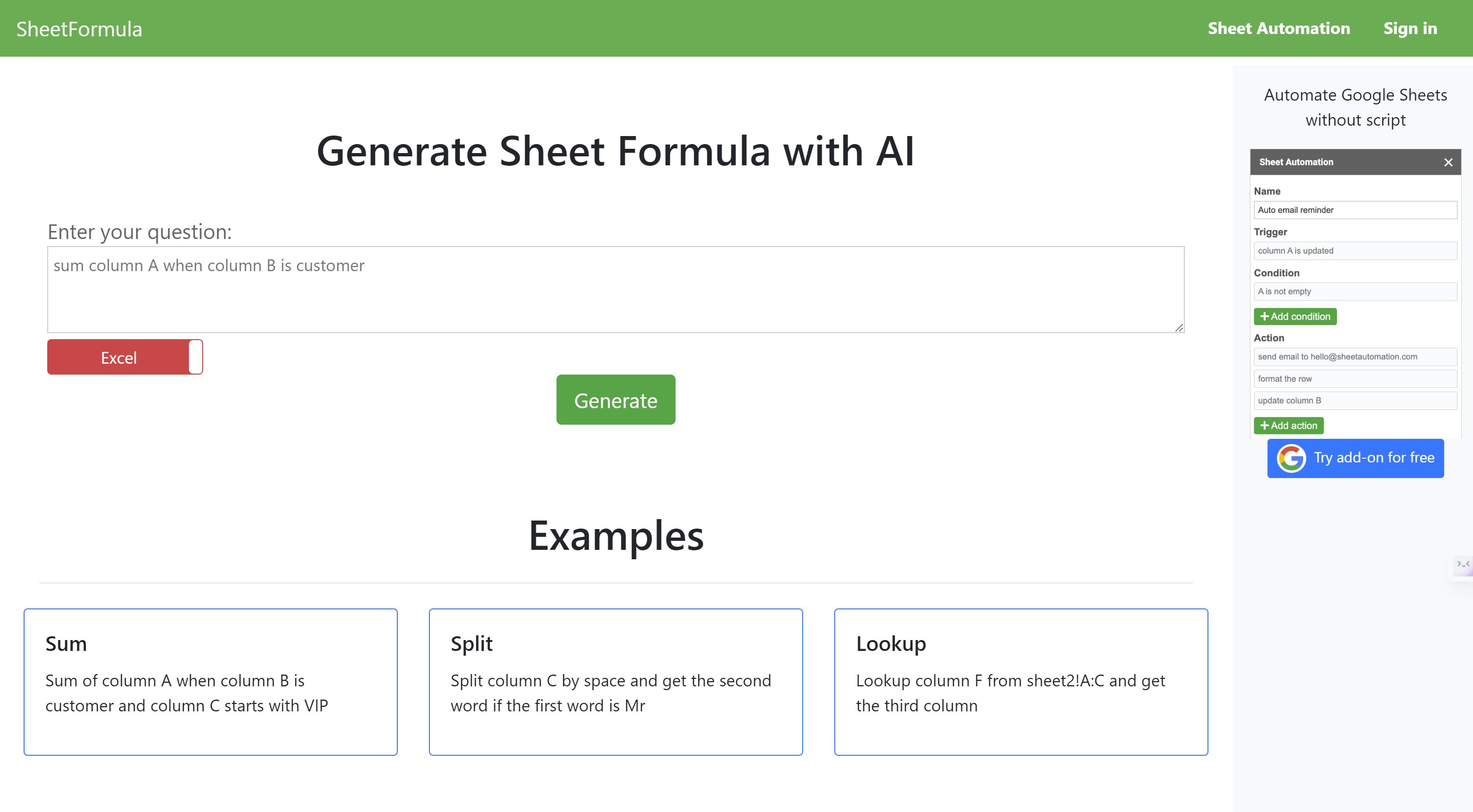Start by describing the problem you want to solve with the formula. Keep the prompt simple and easy to understand