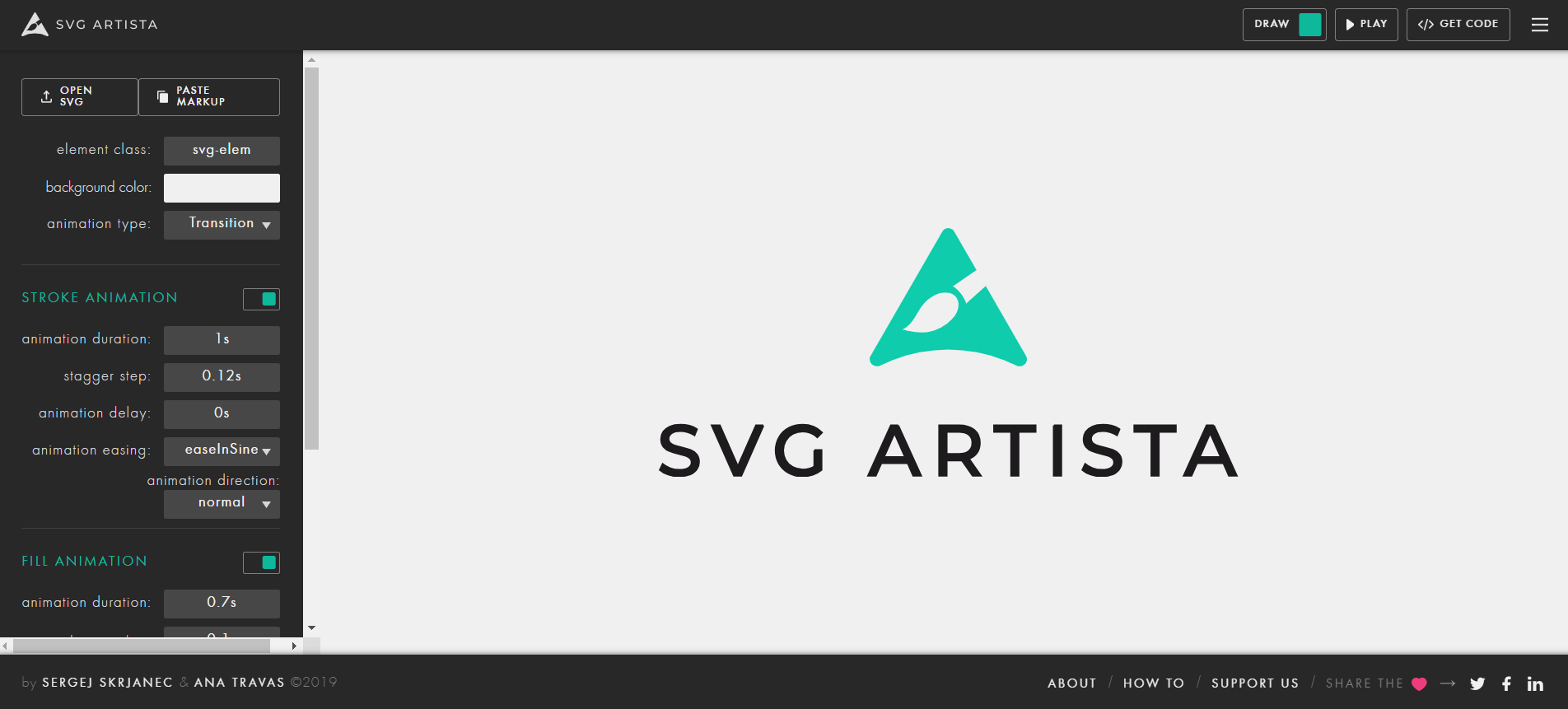 A tool that helps you animate "stroke" and "fill" properties in your SVG images with plain CSS code. You can generate either the CSS transition or CSS animation code.