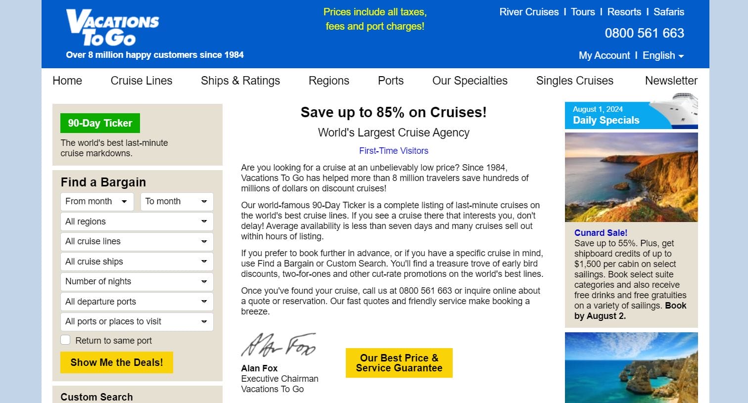 Are you looking for a cruise at an unbelievably low price? Vacations To Go is a travel agency with a complete listing of last-minute cruises "90-Day Ticker" on the world's best cruise lines.