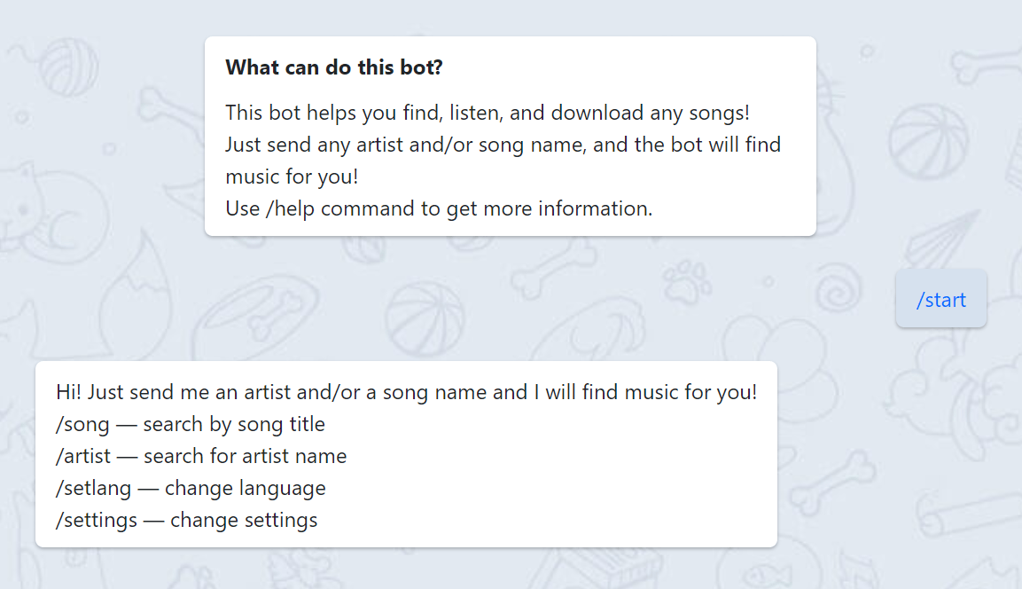 This bot helps you find audio by song name and is the best to download music to listen ofline. Just send any artist and/or song name
