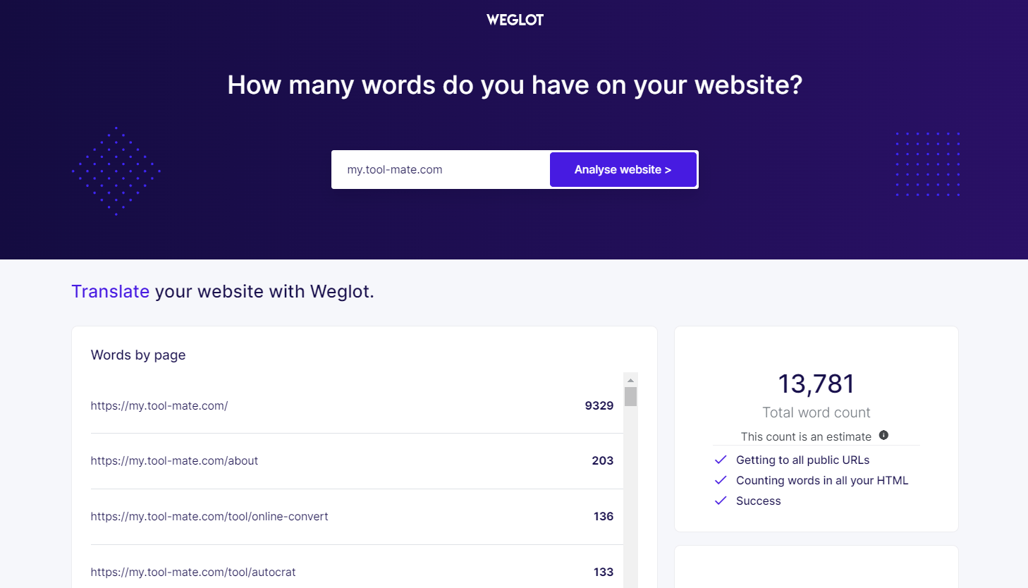 Analyze your website word count based on public pages. All words belonging to public pages and included in your HTML source code are taken into account